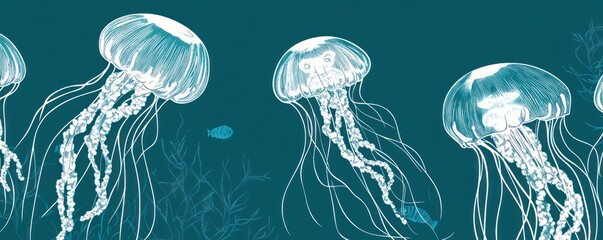 Poster - Jellyfish float in dark blue ocean.