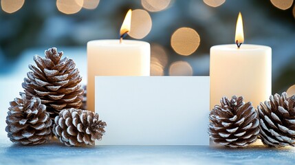 Poster - Two candles, pinecones, and blank card against bokeh lights.