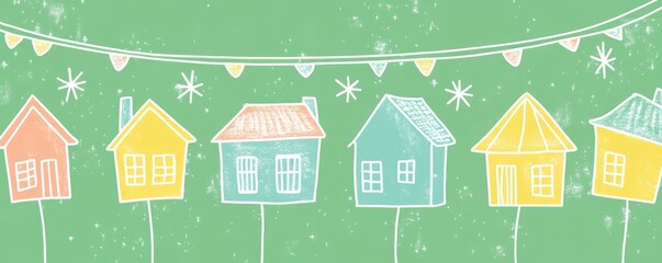 Poster - Colorful drawn houses garland on green background.