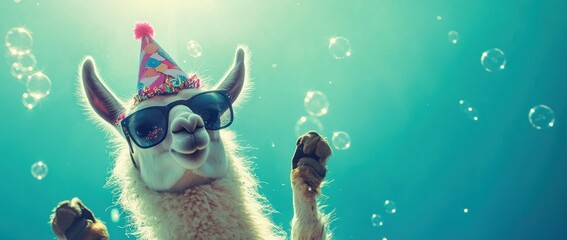 Aufkleber - Llama with birthday hat and sunglasses, with bubbles against sky.