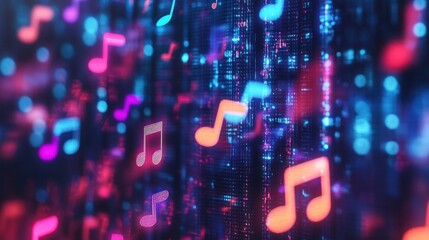 Fototapete - Floating music notes in a digital abstract.