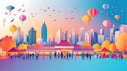 Poster - Vivid urban scene with lanterns and gathering people.