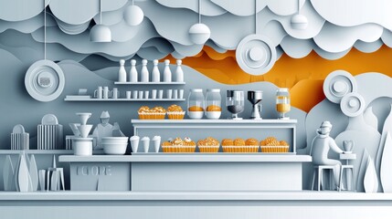 Poster - White cafe interior with orange accents.