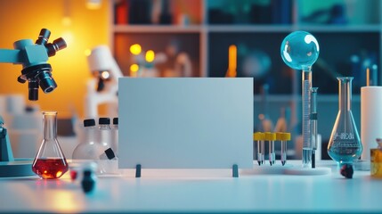 Leinwandbilder - Lab scene with blank sign, microscopes, flasks, tubes.