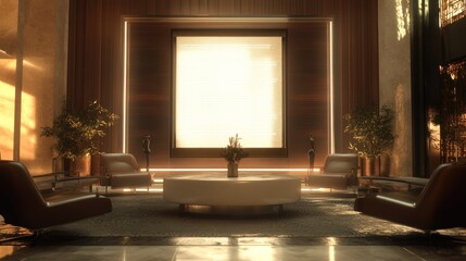 Poster - Modern lobby with seating, plants, and a bright screen.