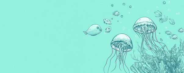 Poster - Undersea scene with jellyfish, fish, and coral, in blue.
