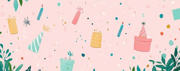 Poster - Party items and confetti on pink.