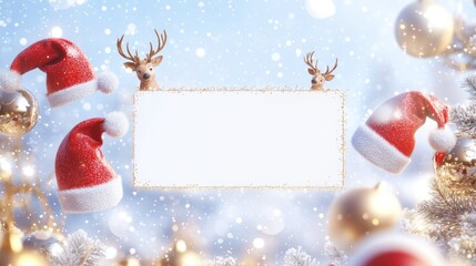 Aufkleber - Festive holiday scene with blank sign, hats, and reindeers.