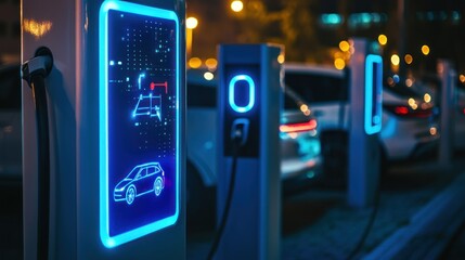 Aufkleber - Electric car chargers at night with vibrant blue neon lights.