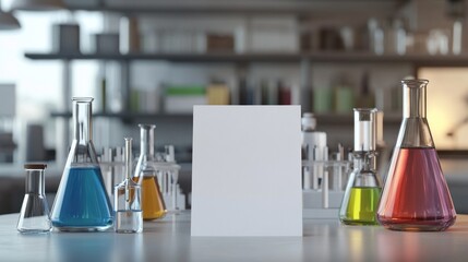 Leinwandbilder - Laboratory setup with blank card and colorful liquids.