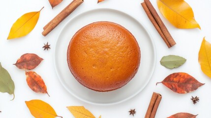 Poster - Pumpkin cake on plate with autumn leaves and spices on white background.
