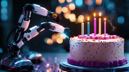Poster - Robotic arm lights candles on a birthday cake.
