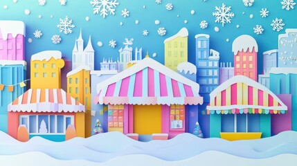 Poster - Papercraft winter town scene with snowy rooftops and falling snowflakes.