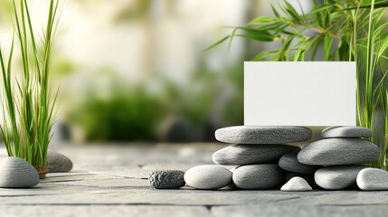 Poster - Blank card on pebbles with bamboo.