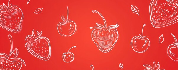 Poster - White outlined strawberries and cherries on a red backdrop.