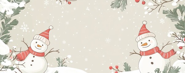 Poster - Snowmen with falling snow, winter foliage, red berries frame.