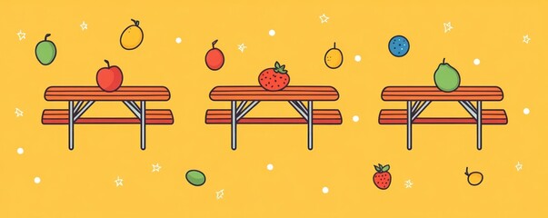 Poster - Three picnic tables with fruit, stars, yellow background.