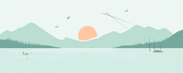 Poster - Minimalist view of sunset over water, mountains, birds and trees.