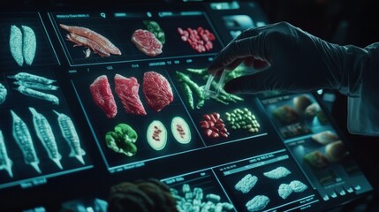 Fototapete - Gloved hand selects food items from digital screen.