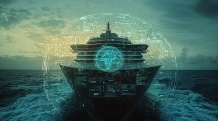 Aufkleber - Cruise ship navigates with digital globe projection.