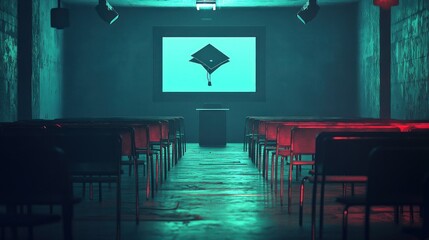 Poster - Dark, empty auditorium with podium and glowing screen.