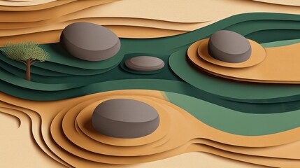 Poster - Abstract landscape with rocks, water and tree.