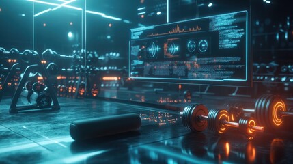 Aufkleber - Gym with workout data display, weight and bar equipment on reflective floor.