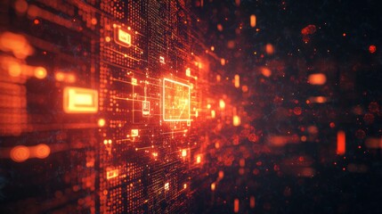 Poster - Orange glowing tech motherboard with circuit lines, depth of field.