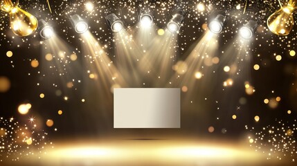 Fototapete - Gold stage lights shine on blank sign with blurred bokeh.
