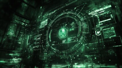 Fototapete - Green futuristic HUD interface displaying data and information.
