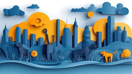 Poster - Papercut city with dog silhouettes, sun, clouds, and playful aesthetic.