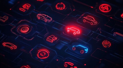 Aufkleber - Digital auto icons glow red/blue on a dark, networked surface.