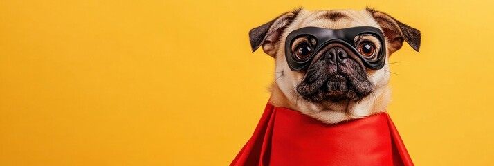 Wall Mural - Pug dressed as superhero with a mask and red cape, yellow background.