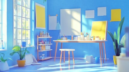 Aufkleber - Art studio with supplies, blue walls, plants, bright sunlight.