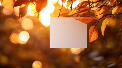 Aufkleber - Blank card on autumn leaves, bokeh, sunlight.