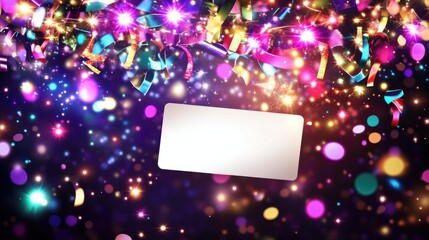 Fototapete - Party confetti with blank card, sparkling background.