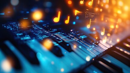 Aufkleber - Digital music notes overlay on piano keys, glowing.