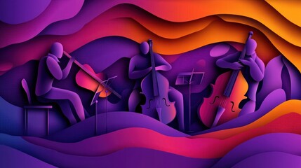 Poster - Abstract papercut musicians play stringed instruments.