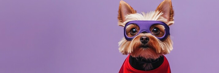 Wall Mural - Dog dressed as super hero, with purple mask and red cape against lavender background.