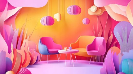 Aufkleber - Pink, orange papercraft room with chairs, table, and lamps.