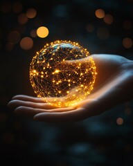 Poster - A hand gently holding a glowing digital network sphere, representing the future of global communication, data flow, and technological innovation, hightech and luminous design