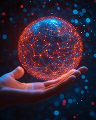 Poster - A hand gently holding a glowing digital network sphere, representing the future of global communication, data flow, and technological innovation, hightech and luminous design