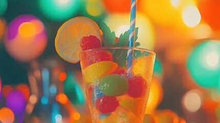 Poster - Colorful fruit drink with straw, blurry lights background.