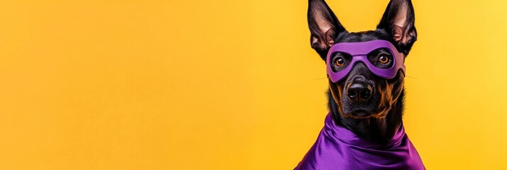 Wall Mural - Dog wearing mask and cape on yellow.