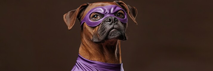 Wall Mural - Boxer dog, wearing mask, purple fabric, serious expression.