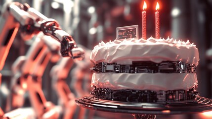 Aufkleber - Robotic arm presents a futuristic birthday cake with lit candles.