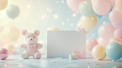Poster - Cute pastel bear, card, toy car, balloons, confetti backdrop.