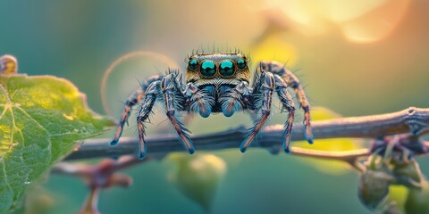 Jumping spider captured in a striking pose on a vine, showcasing the fascinating details of the jumping spider s appearance and behavior in its natural habitat.