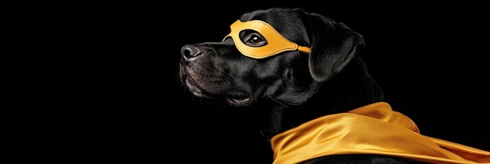 Wall Mural - Black dog wearing yellow mask and cape, black background.