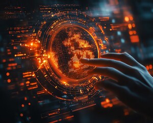 Poster - futuristic hands engaging with a glowing orange digital globe on a hightech interface, representing 